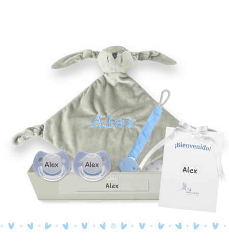 Balíček doudou a 2 personalizovaných dudlíků se jménem dítěte se šňůrkou na dudlík