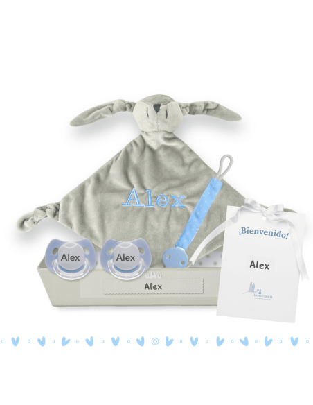 Balíček doudou a 2 personalizovaných dudlíků se jménem dítěte se šňůrkou na dudlík