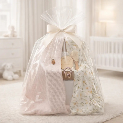 Udržitelný dárek pro miminko: 2 mušelínové plenky, kousátko a růžový klip na dudlík