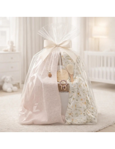 Udržitelný dárek pro miminko: 2 mušelínové plenky, kousátko a růžový klip na dudlík