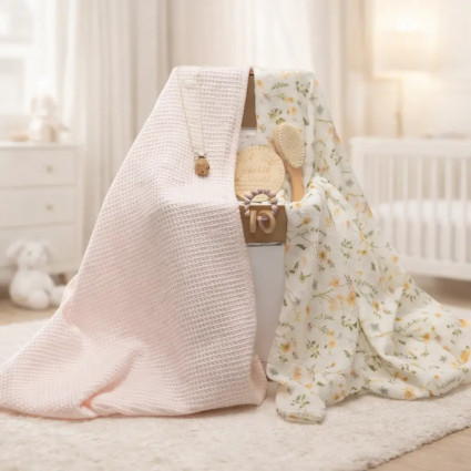 Udržitelný dárek pro miminko: 2 mušelínové plenky, kousátko a růžový klip na dudlík 2