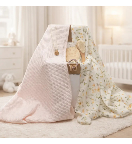 Udržitelný dárek pro miminko: 2 mušelínové plenky, kousátko a růžový klip na dudlík