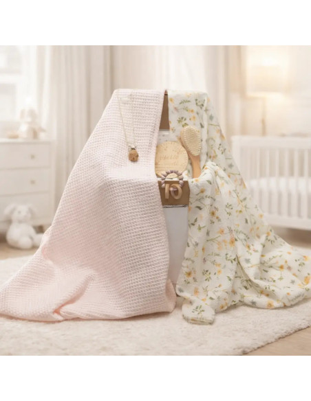 Udržitelný dárek pro miminko: 2 mušelínové plenky, kousátko a růžový klip na dudlík