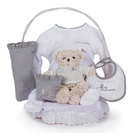 Dárkový košík pro novorozence s výbavičkou - šedý