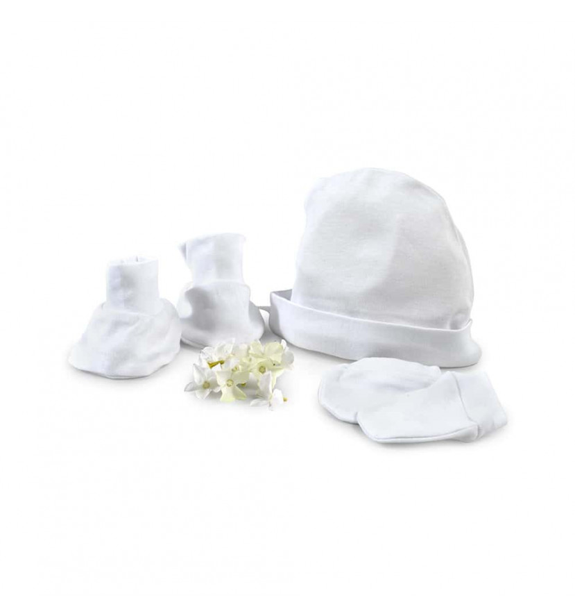 Dárkový set s oblečením pro miminko - čepička, rukavičky a bačkůrky - barva bílá