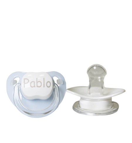 Pack de dos chupetes y babero  y sujetachupetes azul