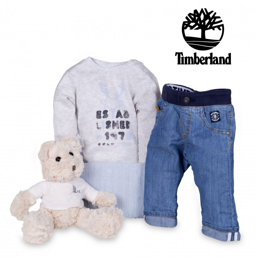 Luxusní výbavička pro miminko - body a kalhoty od značky Timberland a plyšový medvídek
